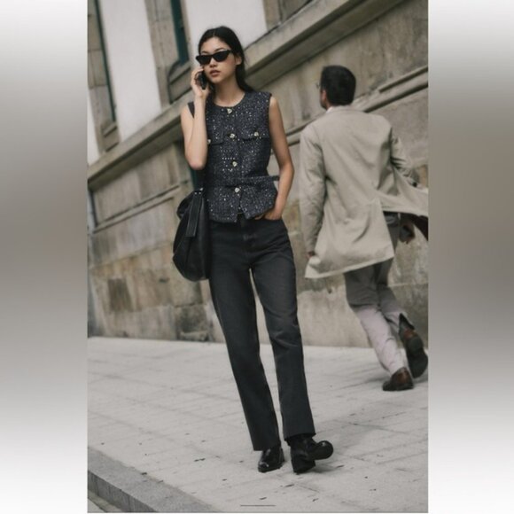 ZARA BELTED SEQUIN STRUCTURED VEST - Picture 1 of 5